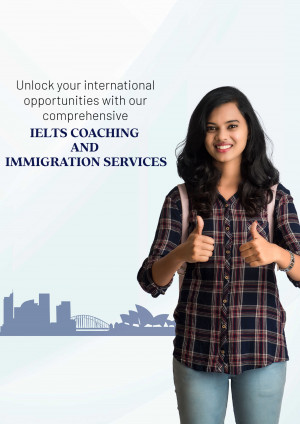 Young woman smiling and giving a thumbs up with text promoting IELTS and immigration services.