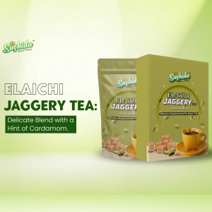 Packaging of Sushida Elaichi Jaggery Tea with a cup of tea and cardamom