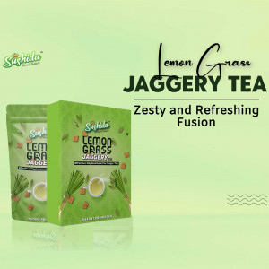 Two pouches of Sushida Lemon Grass Jaggery Tea with lemongrass stalks and a cup of tea.