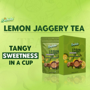 Pack of Sushida Lemon Jaggery Tea with lemons and jaggery