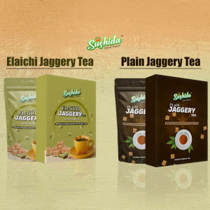 Sushida Elaichi Jaggery Tea and Plain Jaggery Tea packaging