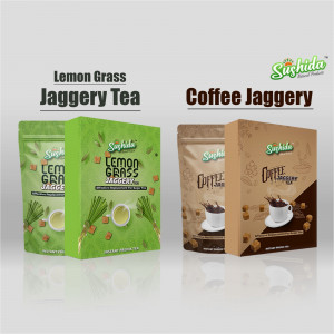Product packaging for Sushida Lemon Grass Jaggery Tea and Coffee Jaggery Tea.