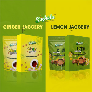 Product shot of Sushida Ginger Jaggery and Lemon Jaggery tea packaging.