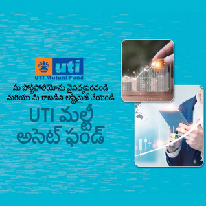 UTI Mutual Fund advertisement in Telugu with a person using a smartphone and tablet.