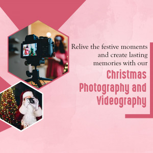 Advertisement for Christmas photography and videography services featuring a camera and festive imagery.