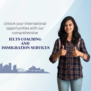 Young woman giving thumbs up with text promoting IELTS coaching and immigration services.