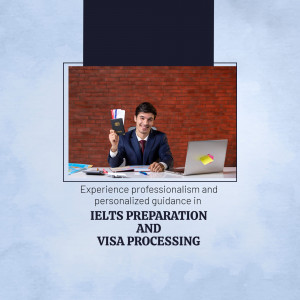 Man holding passport and credit card with laptop and text about IELTS and Visa processing