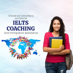 Image of a student with a world map background promoting IELTS coaching and immigration services.
