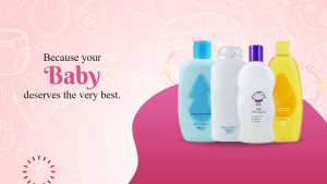Assortment of baby care products including baby wash, shampoo, and lotion.