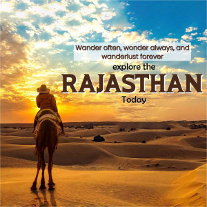 A person riding a camel in the Rajasthan desert at sunset with text overlay.