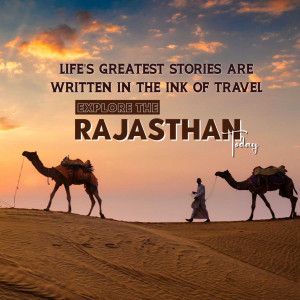 Camels walking in the desert with a motivational quote about travel in Rajasthan, India.