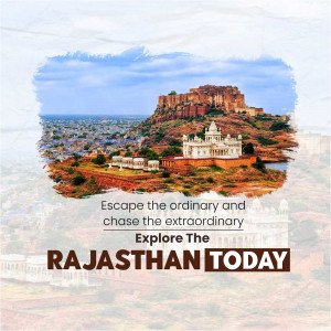 Scenic view of Rajasthan forts and palaces with text 'Explore Rajasthan Today'