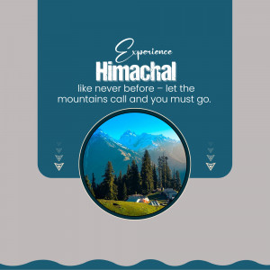 Scenic view of mountains in Himachal Pradesh with promotional text.