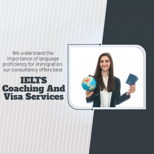 Woman holding a globe and passports, promoting IELTS coaching and visa services.