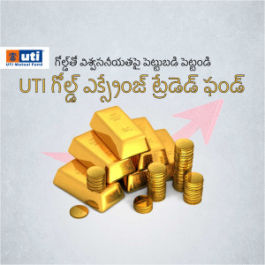 Image depicting gold bars and coins with UTI Mutual Fund branding, promoting a gold investment scheme.