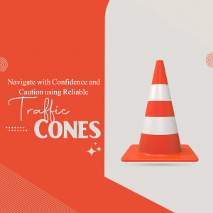 Orange and white striped traffic cone on a red and white background with text.