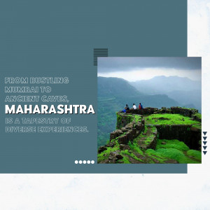 Scenic view of mountains and a cliff in Maharashtra, India with text overlay.