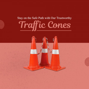 Three orange traffic cones chained together on a red and beige background.