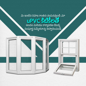 Image of uPVC windows and doors with Telugu text promoting their benefits.