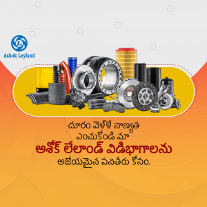 Assortment of Ashok Leyland vehicle parts including tires, filters, and shock absorbers.