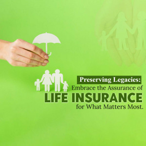 Hand holding a miniature family under an umbrella with the text 'Preserving Legacies: Embrace the Assurance of LIFE INSURANCE'