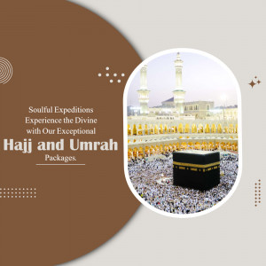 Image of the Kaaba in Mecca with text promoting Hajj and Umrah packages.