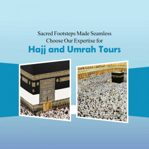 Image promoting Hajj and Umrah tours with a view of the Kaaba in Mecca.