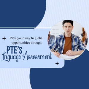 A young man studying with PTE's Language Assessment promotion.