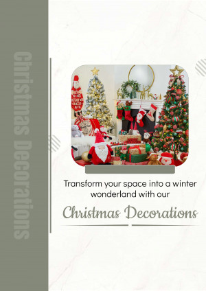 Christmas decorations including a Christmas tree, wreath, stockings, and Santa Claus figures.