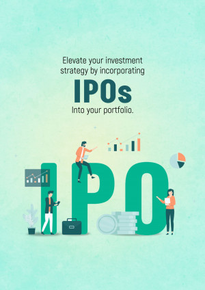 Illustration of people discussing IPO investments with charts and financial graphics.