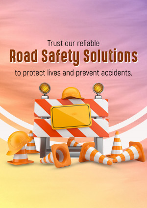 Road safety barrier with cones and hard hats, promoting road safety solutions.