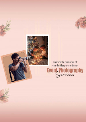 Advertisement for event photography services featuring a photographer and family photos.