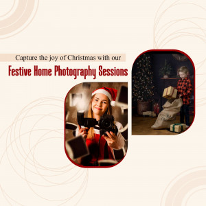 Photographer taking photos of a child near a Christmas tree during a festive home photography session.