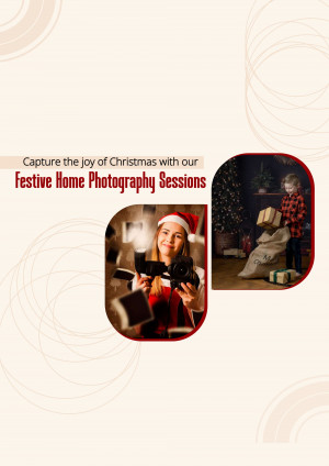 Advertisement for Christmas home photography sessions featuring a photographer and a family scene.