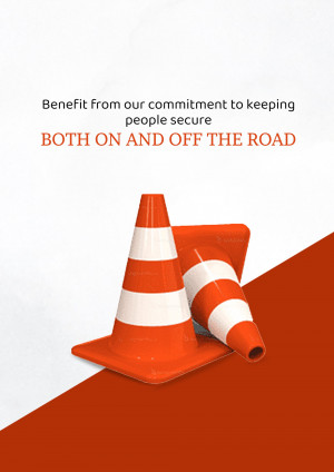 Orange and white traffic cones on a red and white background with text about safety.