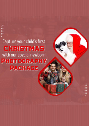 Advertisement for a Christmas newborn photography package featuring Santa and a family with gifts.