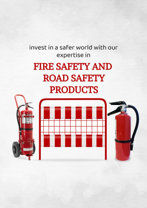 Image of fire extinguishers and road safety barrier with text promoting fire safety expertise.