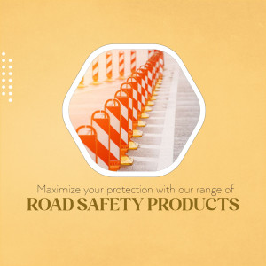 Orange and white road safety barriers with text promoting road safety products.