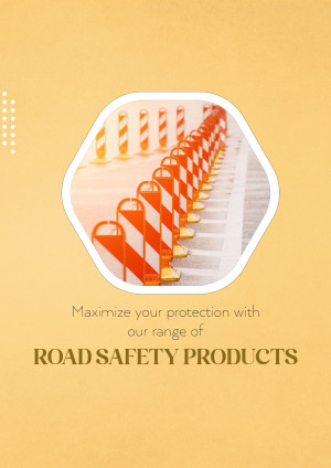 Row of orange and white road safety barriers with text promoting road safety products.