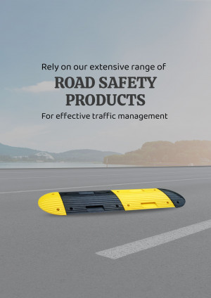 Yellow and black speed bump on a road with text promoting road safety products