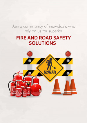 Image depicting fire extinguishers, traffic cones, and a construction sign promoting fire and road safety solutions.