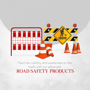 Illustration of road construction barriers, cones, and a warning sign.