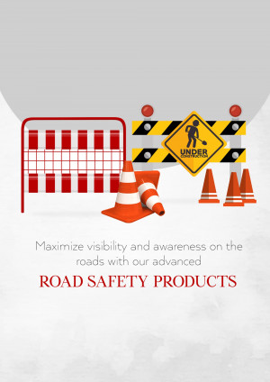 Image depicting road safety barriers, cones, and a worker under construction sign.