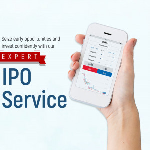 Hand holding a smartphone displaying an IPO service app with stock chart.