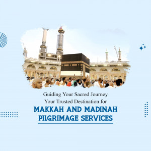 Image of the Kaaba in Mecca and the Prophet's Mosque in Medina with text promoting pilgrimage services.