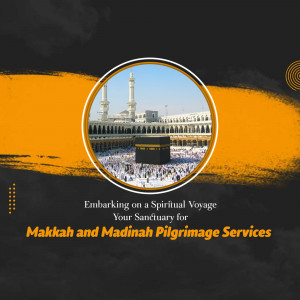 Image of the Kaaba in Mecca with text promoting pilgrimage services.