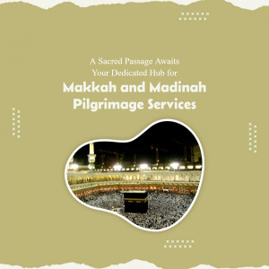 Image promoting pilgrimage services for Makkah and Madinah with a view of the Kaaba.