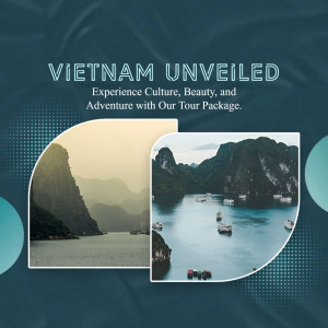 Vietnam travel advertisement featuring Ha Long Bay and mountain landscapes.