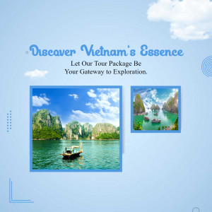 Vietnam travel advertisement featuring Ha Long Bay and a boat tour.