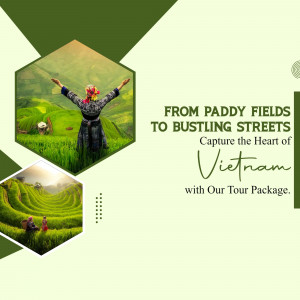 Woman with arms outstretched in a Vietnamese rice paddy field, promoting a Vietnam tour package.